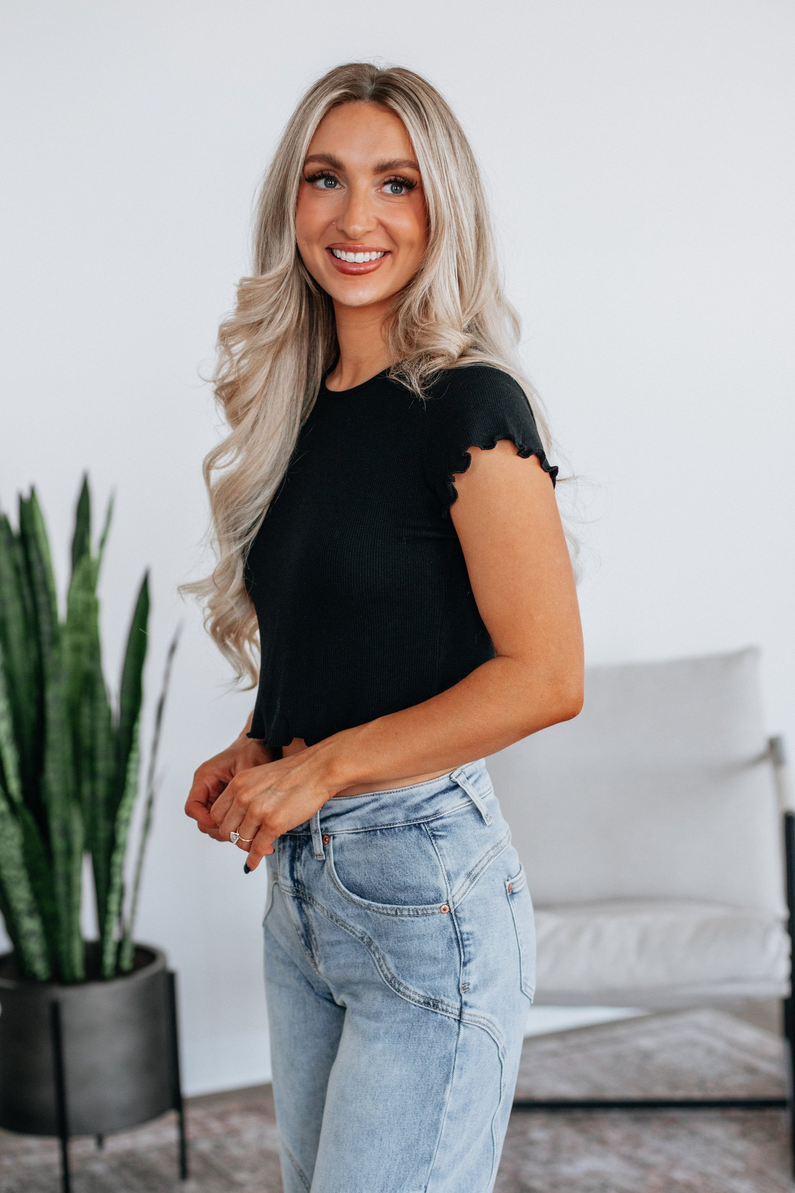 Tara Waffle Knit Top - Black - Image 3